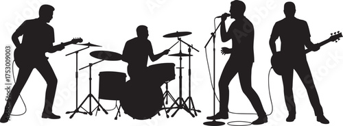Silhouettes of Rock Band Members Performing Live on Stage with Instruments Dynamic Poses