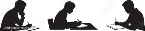 Student Silhouettes Writing Studying at Desk Education Concept Vector Set