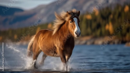 Brown horse running through water, mountains and autumn foliage in background