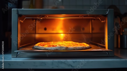 A countertop pizza oven glowing orange inside