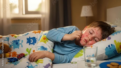 Sick child with measles sleeping in bed with a rash on his face, surrounded by toys and a glass of water