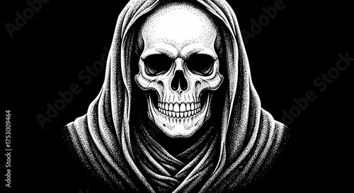 Grim reaper skull with hood in dark, mysterious, and spooky style