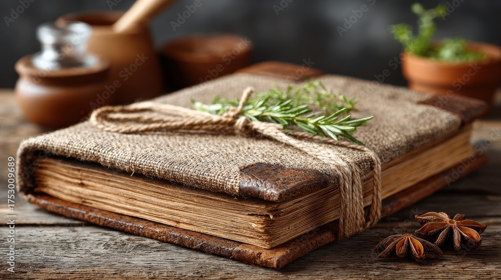 Fototapeta premium Old Herbal Book with Rosemary and Anise Stars on Rustic Wooden Table