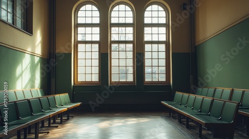 A courtroom with empty jury box and high windows