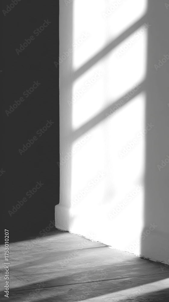 Obraz premium Dramatic grayscale interior shot with window frame casting sharp shadow on floor and wall