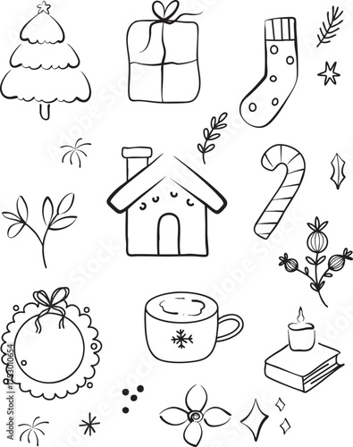 Collection of hand-drawn Christmas elements including gifts, ornaments, stockings, tree, and hot cocoa. Perfect for winter holiday cards and festive decorations