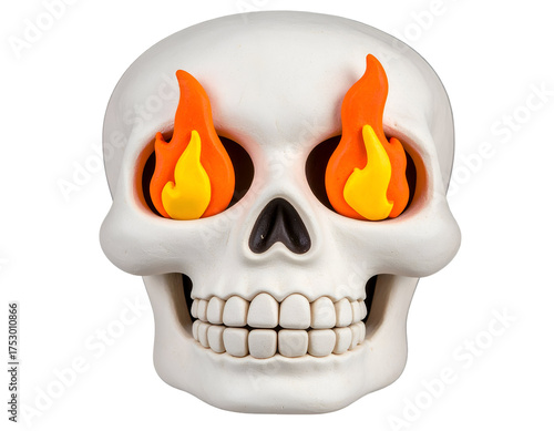 White Skull with Fiery Orange and Yellow Flames in Eye Sockets Isolated on Black Background