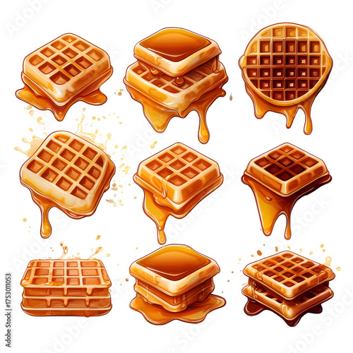 Vector illustrations of golden waffles with dripping honey and syrup, a delicious breakfast or dessert food collection isolated on black.