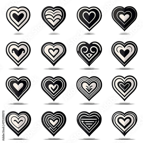 Monochrome Abstract Heart Symbols Collection. Black and white patterned hearts with diverse geometric designs on a dark background, representing love and modern art.