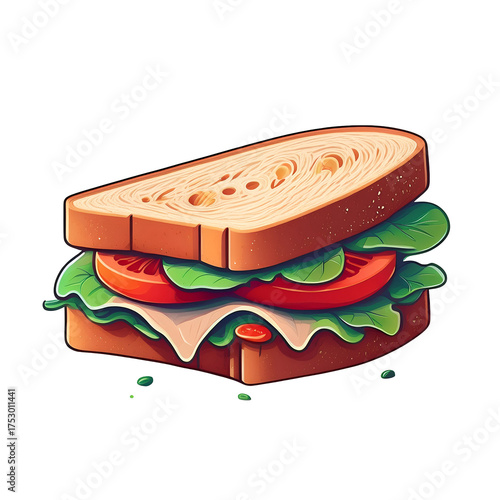 Gourmet layered sandwich illustration with fresh lettuce, sliced tomatoes, and deli meat on black