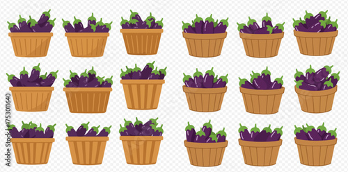 Illustration of fifteen baskets filled with eggplants, arranged in a grid pattern on a transparent background.