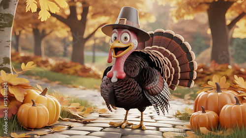 Happy halloween happy thanksgiving turkey cartoon pilgrim autumn leaves pumpkins festive celebration illustration