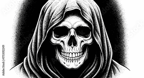 Grim reaper skull with hood in black and white illustration