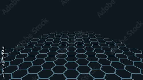Perspective view of a dark background with a pattern of interconnected hexagons receding into the distance