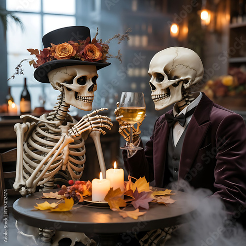 Happy halloween halloween skeletons romantic dinner date with wine and candles spooky season celebration image