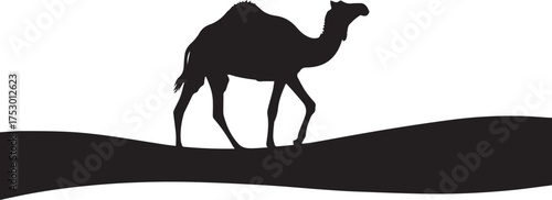Silhouette of a lone camel walking across desert dunes under a clear sky