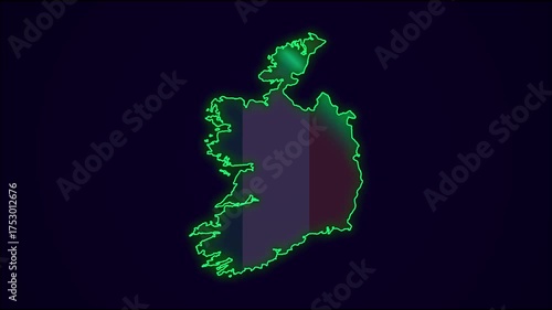 Republic of Ireland Map Outline Country Border on black.  Neon Lights  colorful animation transition. Flag of Ireland. Animation in neon style. 4k . Animated Video