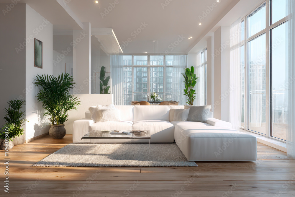 Fototapeta premium A spacious modern living room, minimalist design, floor-to-ceiling windows, natural light flooding in, sleek white sofa, glass coffee table, indoor plants, wooden floor, Scandinavian style