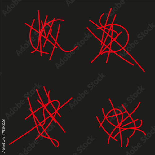Red chaotic scribble. Abstract random lines. Energetic stroke pattern. Vector dark surface.