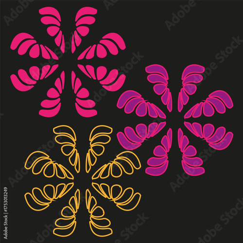 Floral swirl pattern. Bright flower shapes. Dynamic abstract Vector. Black background ornament