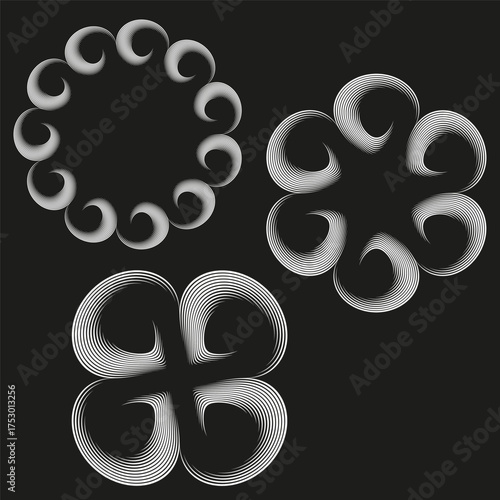 Crescent moon elements. Repeating curve pattern. Abstract round Vector. Black background shape.