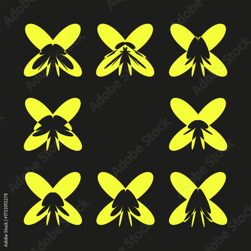 Butterfly insect pattern. Yellow abstract shapes. Nature animal Vector. Black background texture.
