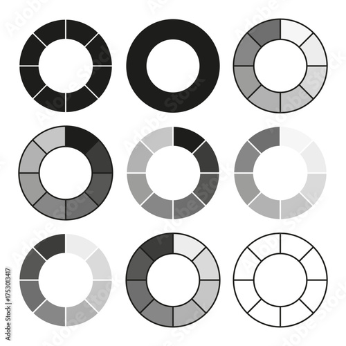 Pie chart collection. Ring circle graph. Data analysis Vector. Monochrome set element.