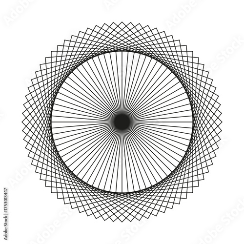 Abstract radial pattern. Fine line circle. Symmetrical sunburst Vector. Black white graphic.