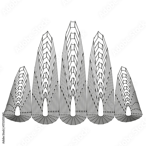 Three abstract cones. Geometric line structure. Dynamic shading Vector shapes. Black white wireframe.
