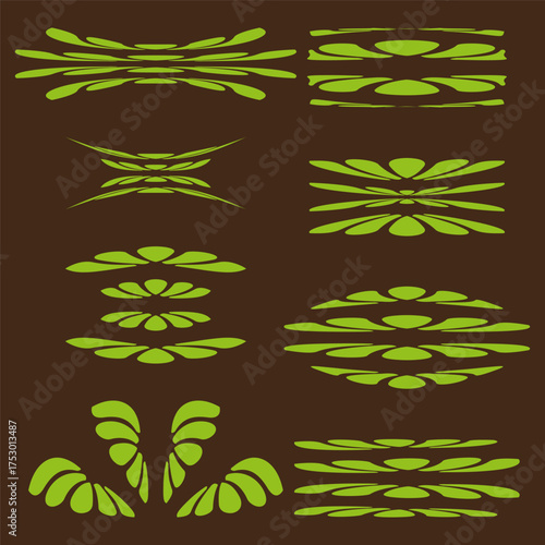 Green curved elements. Abstract organic shapes. Dynamic nature Vector. Dark background set.