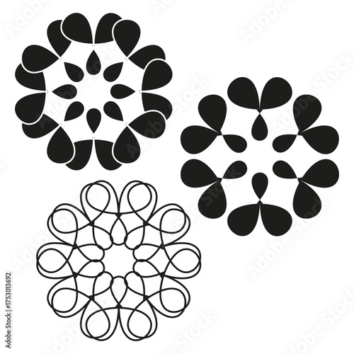 Abstract petal pattern. Symmetrical floral shapes. Three circle Vector. Black white graphic set