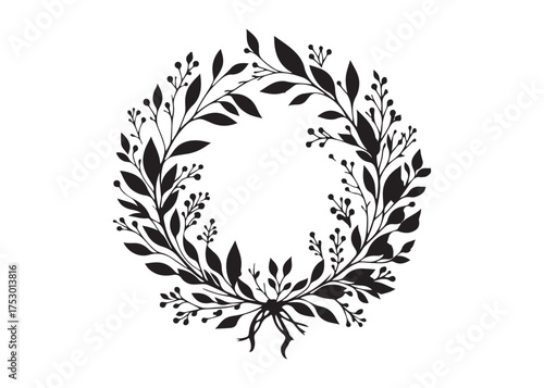 circle wreath logo silhouette vector, circle with leaves silhouette vector illustration, wreath silhouette vector logo, circle botanical wreath logo silhouettes vector on white background