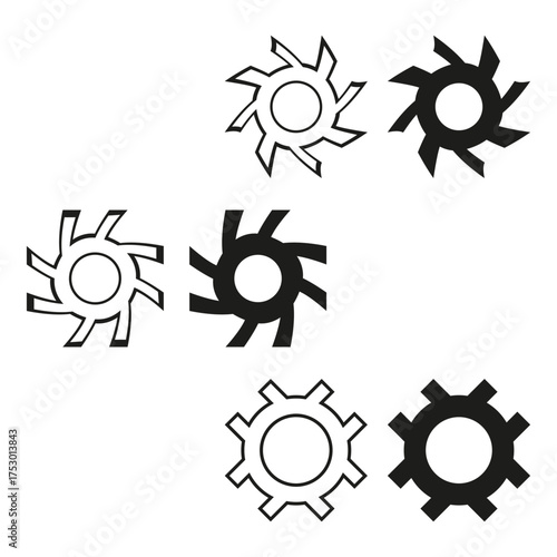 Mechanical gear set. Three cog elements. Industrial machine Vector parts. Black white abstract icons.