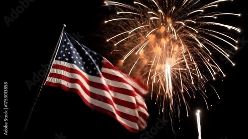 Waving US flag juxtaposed against a burst of red fireworks in the night sky