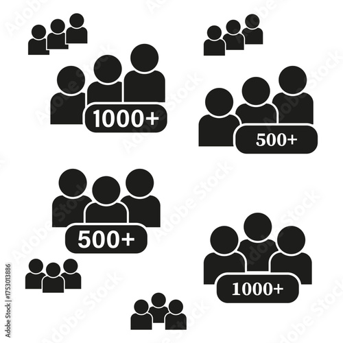 Group people icons. Numbered member crowds. Social network figures. Vector large community