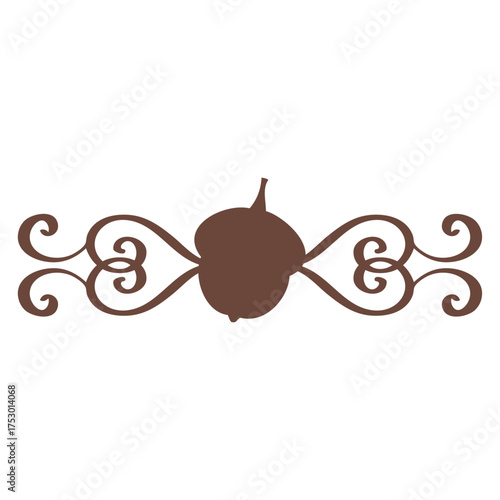 Logo con silueta de bellota con filigrana caligráfica. Silueta con florituras para felicitaciones y tarjetas del Día de Acción de Gracias
