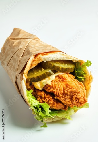 A crispy chicken sandwich with pickles and mayo, wrapped in branded paper, ready to eat. Stock
