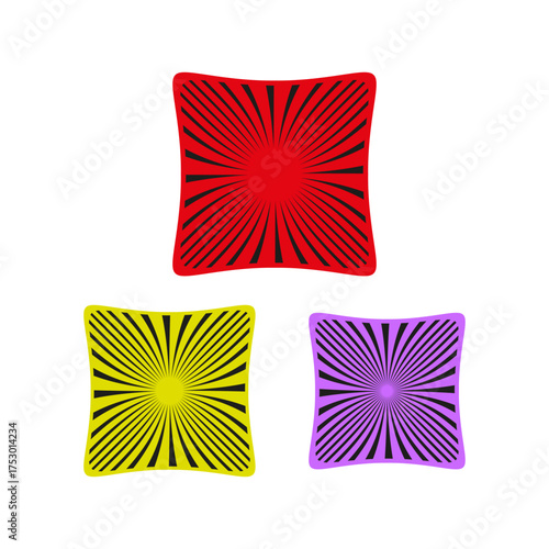 Abstract radial figures. Red purple yellow shapes. Square and round forms. Vector modern elements.