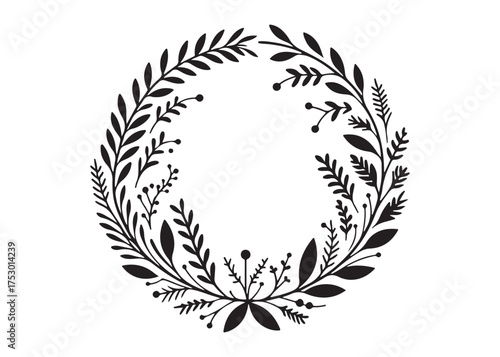circle wreath logo silhouette vector, circle with leaves silhouette vector illustration, wreath silhouette vector logo, circle botanical wreath logo silhouettes vector on white background