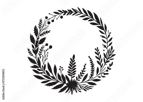 circle wreath logo silhouette vector, circle with leaves silhouette vector illustration, wreath silhouette vector logo, circle botanical wreath logo silhouettes vector on white background
