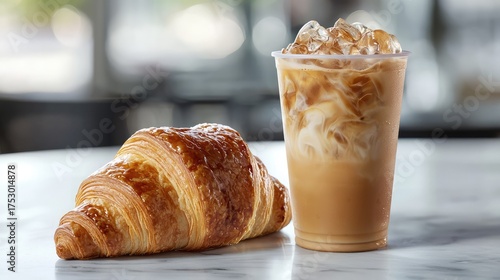 A croissant and iced coffee on a marble cafÃ© table