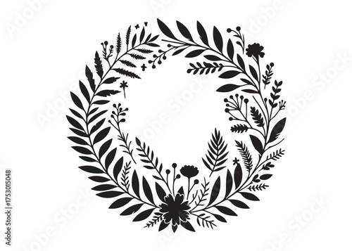 circle wreath logo silhouette vector, circle with leaves silhouette vector illustration, wreath silhouette vector logo, circle botanical wreath logo silhouettes vector on white background