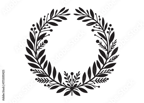 circle wreath logo silhouette vector, circle with leaves silhouette vector illustration, wreath silhouette vector logo, circle botanical wreath logo silhouettes vector on white background