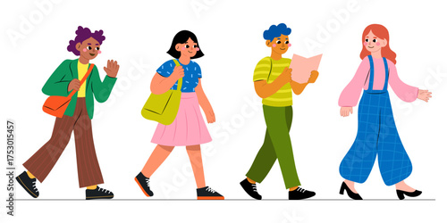 Flat vector illustration of diverse people walking together – students or tourists exploring the city, perfect for travel, open campus, or guided tour concepts.