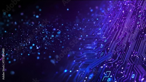 Abstract blue-purple circuit board with glowing particles, tech background