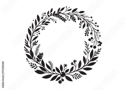 circle wreath logo silhouette vector, circle with leaves silhouette vector illustration, wreath silhouette vector logo, circle botanical wreath logo silhouettes vector on white background
