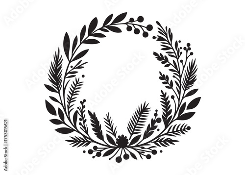 circle wreath logo silhouette vector, circle with leaves silhouette vector illustration, wreath silhouette vector logo, circle botanical wreath logo silhouettes vector on white background