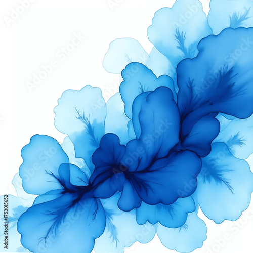Abstract blue ink flowers watercolor digital art design