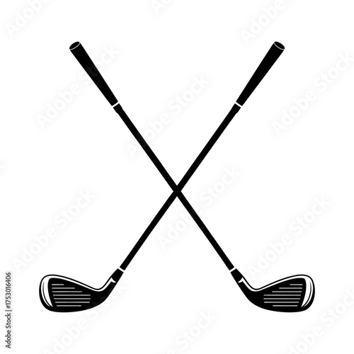 Classic crossed golf clubs illustration in black and white, symbolizing the popular sport, leisure activity, and professional equipment for players and enthusiasts of the game