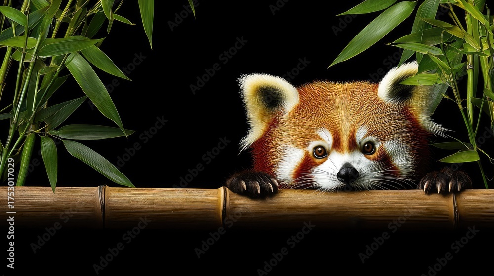 Obraz premium A curious red panda peeking out from behind bamboo